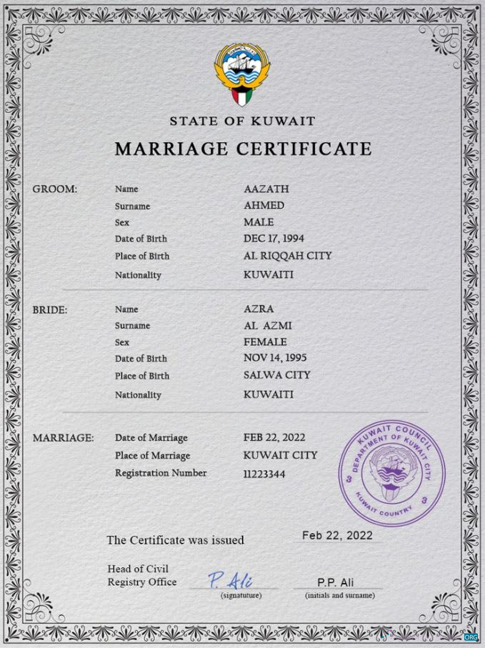 Download Kuwait marriage certificate PSD template Photoshop template